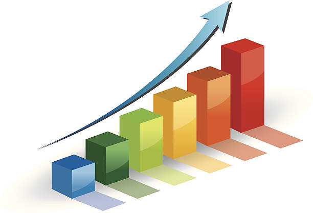 Business graph growth progress and blue arrow.